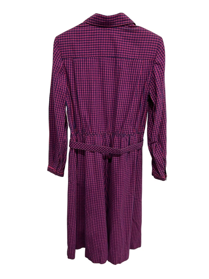 Vestido Camisa Vintage Gingham Manga Longa Rosa Azul Cinto Carreira Preppy Academia - Imagem 2 de 4