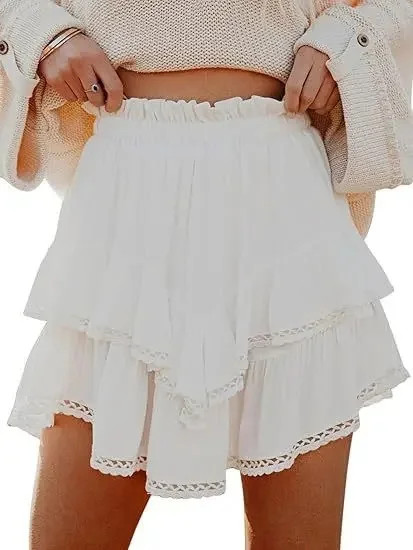 Women's Short Bohemian Pleated Layered Golf Tennis Skirt High Waist Cotton Knitt