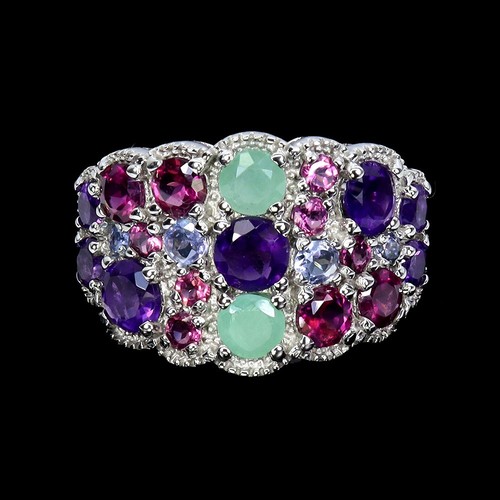 925 Sterling Silver Ring Round Amethyst Emerald Tanzanite Gemstone Jewelry Sz 9