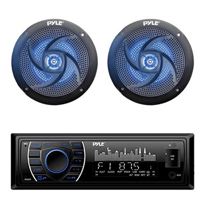 Pyle In-Dash Marine Bluetooth Stereo Receiver, 2x 4'' 100W Blue LED Speakers