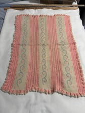 Vintage Handmade Crochet Baby Blanket Blue Pink Scalloped Edge