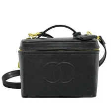 CHANEL CC Vanity Case Leather 2way Shoulder Handbag Black Gold