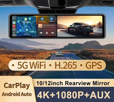 4K Car DVR 10/12  Wireless Carplay Android Auto Dash Cam for Dual Camera Mirror