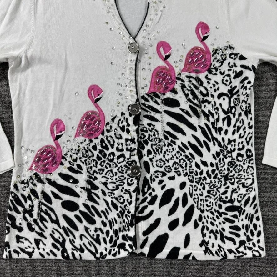 Cárdigan Jack B Quick para mujer grande blanco negro estampado de animales flamencos con cuentas Foto 2 de 4