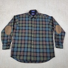 Pendleton Trail Shirt Mens XL Blue Green Tartan Plaid Wool Elbow Patch Hiking
