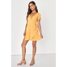 Lulus My Philosophy Wrap Dress Size Small Yellow Short Sleeve Tie Side Mini