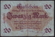 Germany Leipzig 20 Mark 1918 Vintage WWI Emergency Paper Money Banknote F