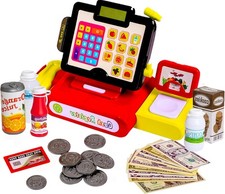 Cash Register Pretend Play Toy Kids Grocery Store Set with Food, Money, Electric