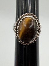 SILVER TIGER'S EYE OVAL CABOCHON RING SIZE 7 ROPE BEZEL STATEMENT SIGNED VINTAGE