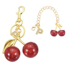 Cherry Keychain, Cherry Bag Charm Initial P Letter Charm Cute Keychain, Gold/Red