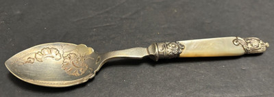 Antique Mother of Pearl Handle JAM SPOON Fancy Silverplate Collar & Tip  England