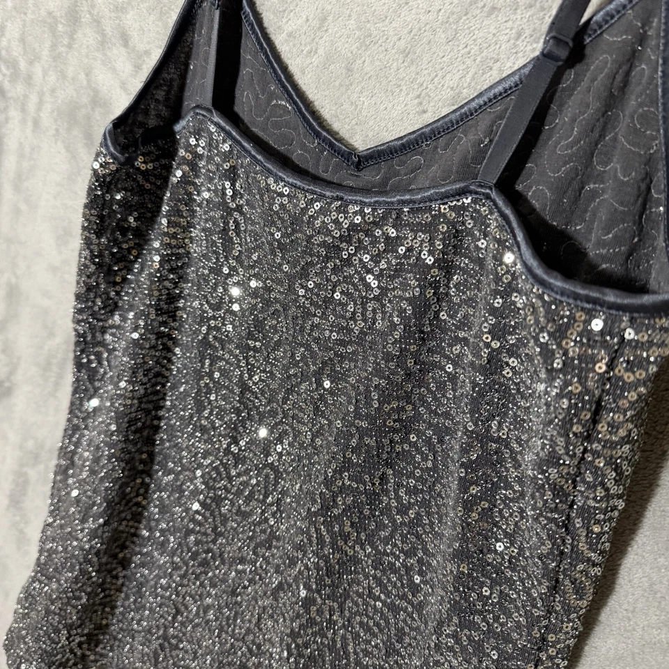 Camiseta sin mangas vintage Y2K Express plateada lentejuelas S salir camisola brillante metálica Foto 3 de 4