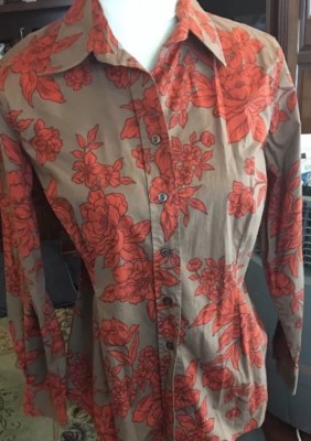 Cold Water Creek PM Brown Orange Button Down Cotton Top Blouse Shirt Petite Med