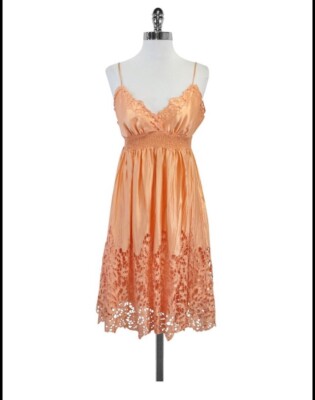BCBG Max Azria Peach Silk Eyelet Lace Spaghetti Strap Dress Gathered Waist  Sz S | eBay