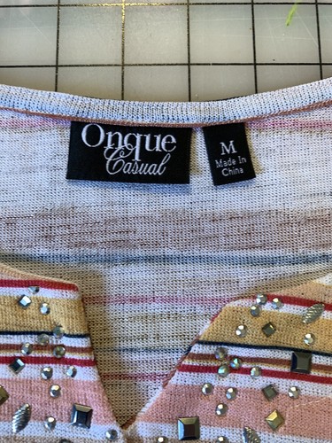 ONQUE Casual M Knit Top Stripe Lightweight Split neck Beading NEW w TAGS ($38) - Picture 11 of 12