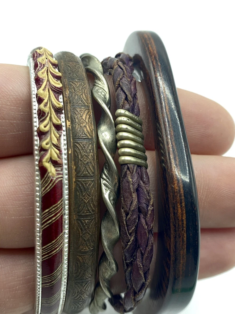 Vintage Retro Bangles Bracelets Lot of 5 - Wood, Silver, Resin, Copper,  Leather