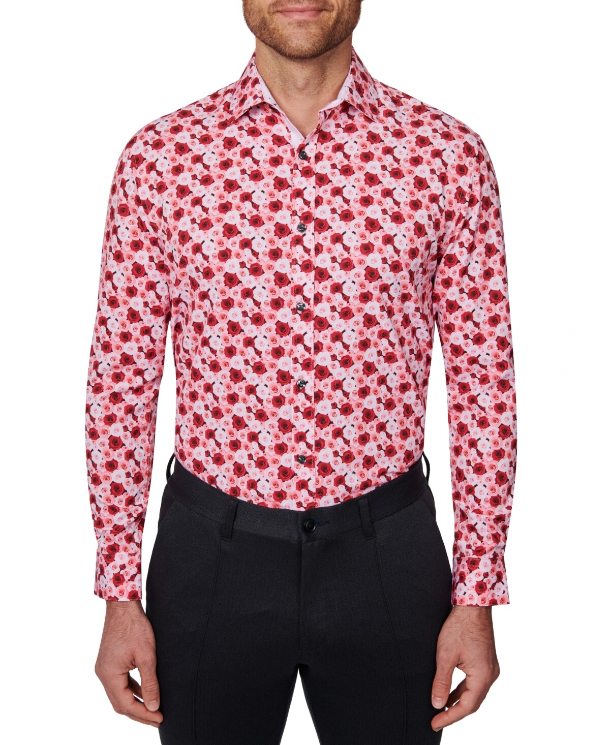 Society Of Threads Men's Slim Fit Floral Dress Shirt Red Size Large