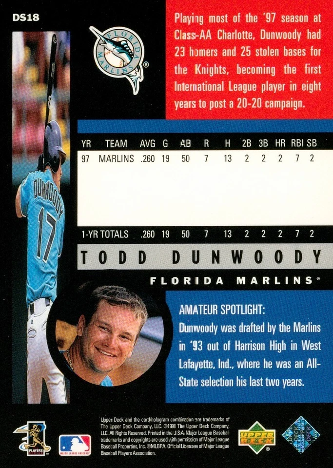 1998 Upper Deck Destination Stardom Todd Dunwoody 18 Marlins - Image 2 of 2