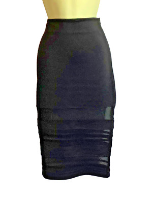SELECT Black Ribbed Bodycon Midi Skirt Mesh Trim 6 NWT