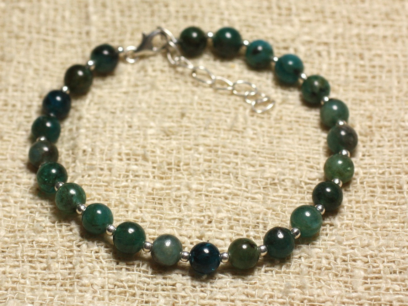 Bracelet apatite 6mm et argent 925, bijou en pierres naturelles bleues pour femme