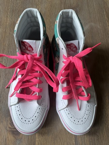 New Vans Custom High Top White/neon Pink/Leather Hula Green Print 3.5