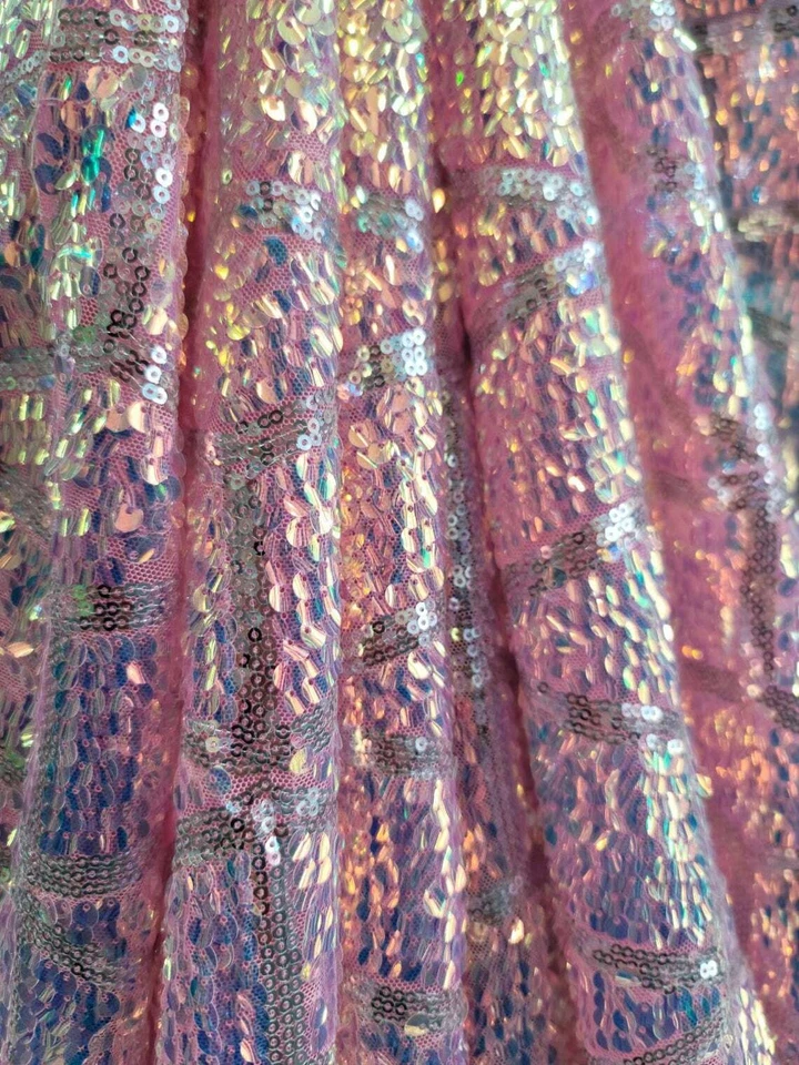 Fabric Sold By The Yard Pink Iridescent Sequin Embroidery On Stretch Mesh Dress  - Image 3 of 4