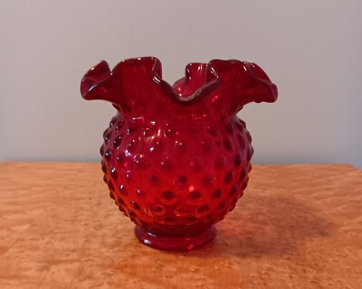 Vintage Fenton Glass Ruby Red Hobnail Vase Ruffled Edge 3” | eBay