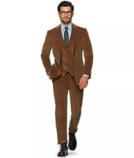 Men Corduroy Suit Brown Leisure Party Groom Tuxedos Wedding Formal Suit Custom
