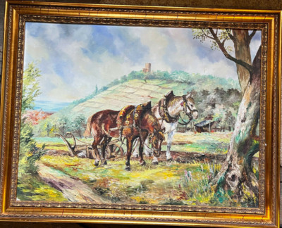 ::OIL PAINTING FARM LANDSCAPE WITH HORSES PLOUGH HILLS LANDSCAPE COUNTRY HOUSE STYLE