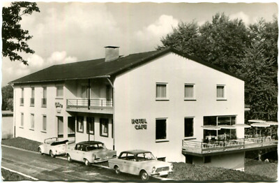 Postcard Silk Book Lindenfels approx. 1960 (?) Hotel Café Bellevue Cars / Bensheim 
