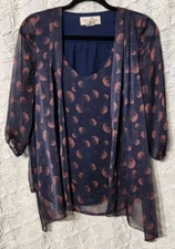 Stitch & Knot Blouse Womens XS Navy Blue Coral Celestial Romantic Sheer Sleeve