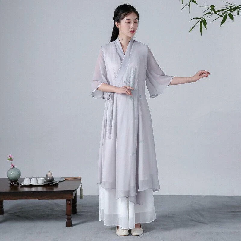 Womens Silk Blend Cotton Linen Hanfu Chinese Double Layer Long Maxi Dress Ladys