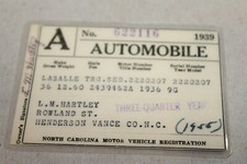1939 VEHICLE REGISTRATION of a 1936 LaSALLE TOURING SEDAN