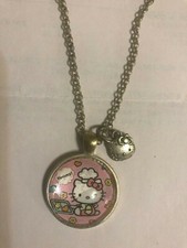 Pink Hello Kitty Round Pendant Tiny Silver Charm Necklace