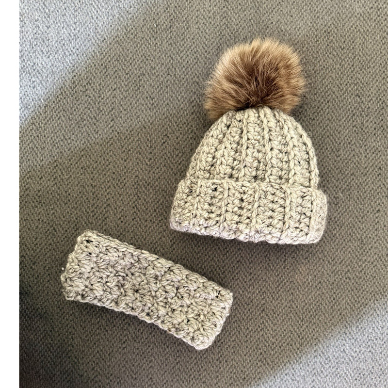 Knit Beanie Hat w/ Pom-Pom & Matching Headband Set, Beige/Brown One Size
