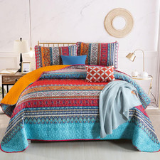 Boho Queen Quilt Set, Orange and Blue Bohemian Queen Quilt Bedding Set, Lightwei