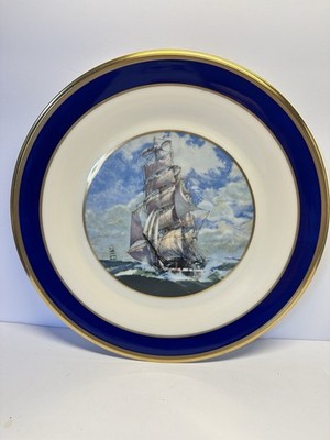 Lenox Special Dinner Plate Clipper Ship Cobalt blue border 24k Gold trim