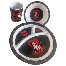 Rare Betty Boop 3-piece Dinnerware Set, Kids Mealtime Plate Bowl & Tumbler, Red