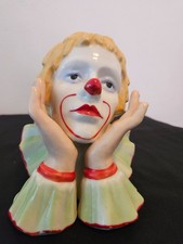 VTG Ceramic Sad Clown Head Figurine - Blond Hair; Red Green Costume