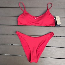 Nike Essential Women's Solid Red Cheeky Bikini Set Adjustable Top SZ L New