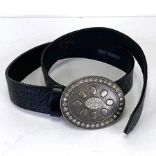 HOLT RENFREW Black Italian Leather Belt Sz M Pewter Buckle Rhinestone Boho Glam