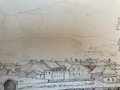 Zeichnung XIX 1830 Sicht der Maulwurf Hafen Von Boneville Bleistift Berg Savoyen
