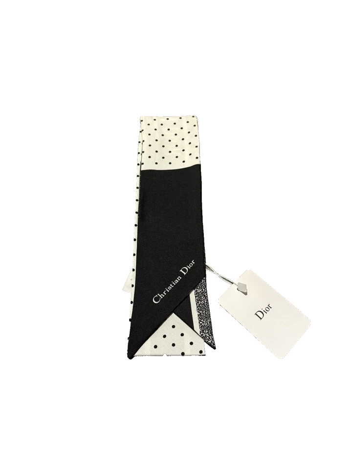 Christian Dior Mitzah Pois Negro Blanco Seda Cinta Sarga Bufanda Foto 2 de 4