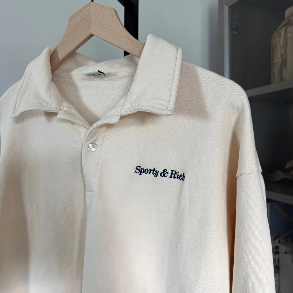 Sporty & Rich Cream Embroidered Navy Logo Polo M Long Sleeve Collared Sweatshirt - Image 2 of 4