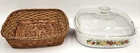 Corning Ware LE ROMARIN Casserole Dish A-10-B w/ Pyrex Lid A-12-C  Wicker Basket