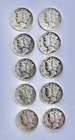 Lot of 10 Mercury Dimes with 90% silver content - 1935-1945