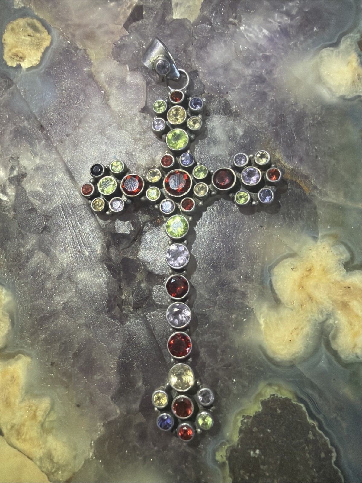 Solid 925 Silver Multi-Stone Cross Pendant – Larg… - image 1