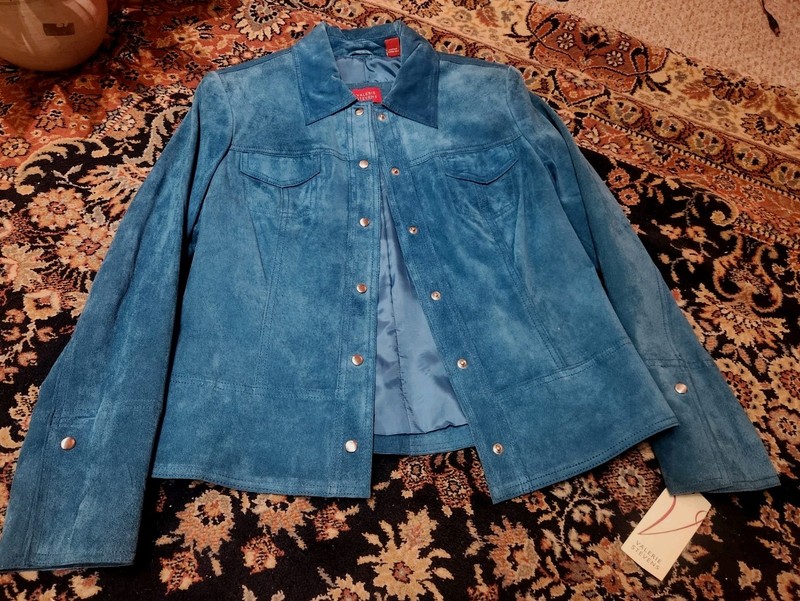 New! Valerie Stevens 100% Blue Suede Leather Jacket Size S Small  Button Coat