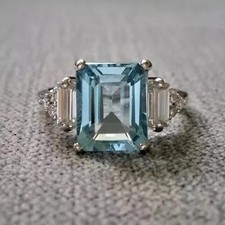 3.85 Ct Emerald Cut Aquamarine Ring Engagement Ring 14K White Gold solid