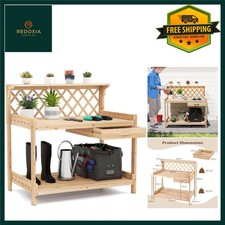 Wooden Garden Potting Bench with Trellis, Drawer & Shelves, 90x59x88cm